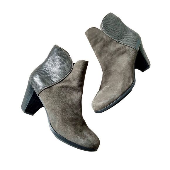 Eileen Fisher 9 Gray Suede Ankle Boot Wood Heel Patent Ankle - Picture 1 of 12